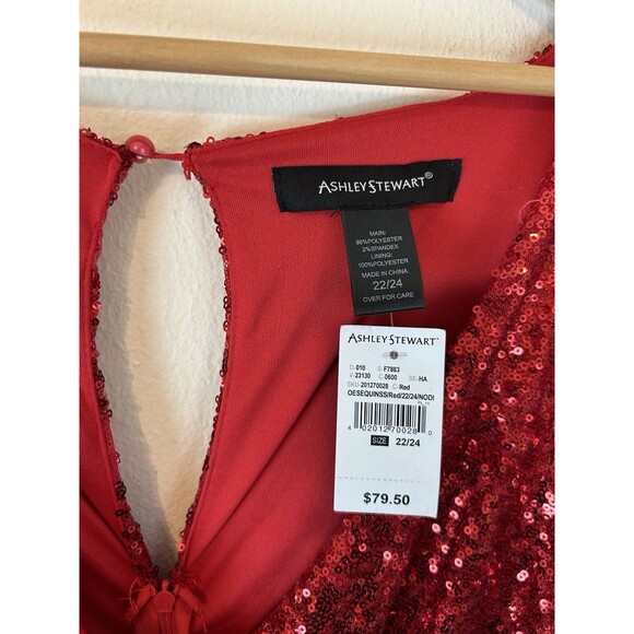 Ashley Stewart Red Sequin Party Dress Plus Size 22-24 Long Sleeve Holiday Wrap - Picture 2 of 3
